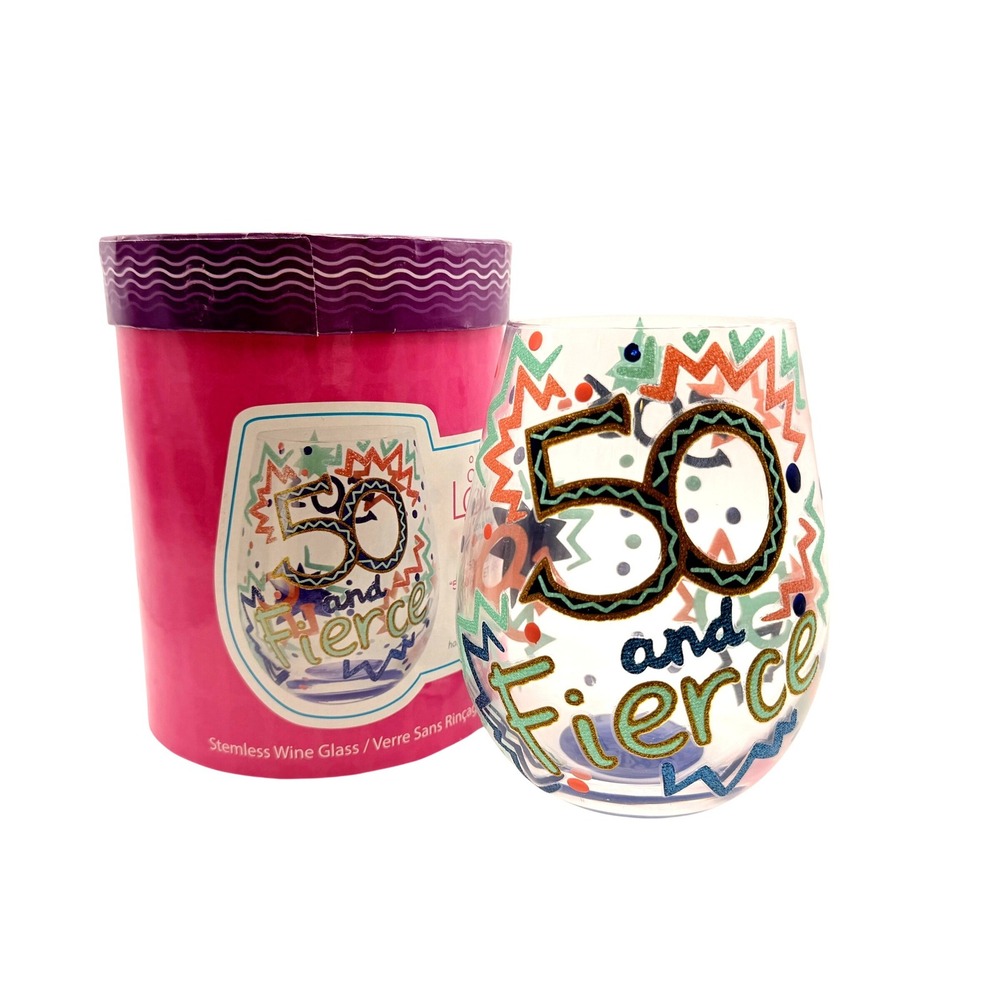 Lolita '50 and Fierce' Stemless Wine Glass 20oz Pink Hand Painted Birthday Gift